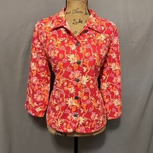 Christopher & Banks Red Floral‎ Print Button Down Linen Blend Jacket Size Large